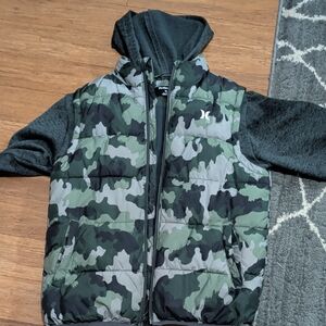 Hurley Kids Green and Black Camouflage Puffer Jacket